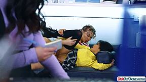 overwhelmed intern pounded hard by big tits shemale boss outdoors in snow