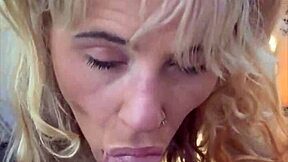 pretty hooker kneels for deepthroat blowjob ending in hot cumshot mouthful