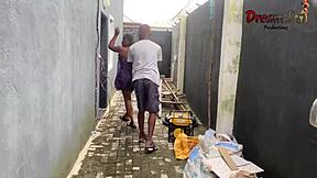 oiled ebony neighbor bent over takes rough doggystyle pounding from monster black cock creampie