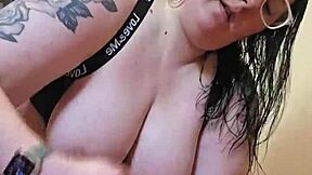 sandra jerks cock onto her big natural tits in candid tug life