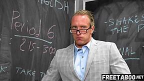 Teacher catches bratty teen student on phone then spanks hairy pussy in rough classroom creampie discipline