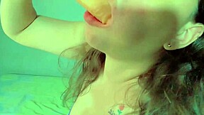 brunette teen in pajamas toys pussy to cum mouthful finish