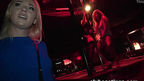 blonde strips teases deepthroats for cash at club fingering shaved pussy