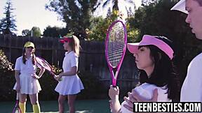 Big tits besties devour pussy in 69 then fuck POV foursome ending with jizz eating!