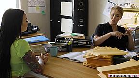 Brunette lesbian rims milf sheriff's ass then facesits hairy pussy hard