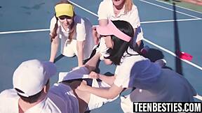 Big tits besties devour pussy in 69 then fuck POV foursome ending with jizz eating!