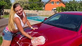 Curvy Blonde Milf Lenushka Doll Drips Wet in Sexy Outdoor Car Wash Hose Tease
