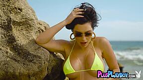 latina milf cj sparxx's fake tits bounce wildly in bikini striptease