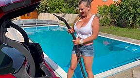 Curvy Blonde Milf Lenushka Doll Drips Wet in Sexy Outdoor Car Wash Hose Tease