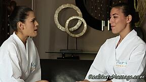 Asian lesbian masseuse delivers strapon nuru massage with handjob and masturbation