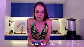 Delivery guy tests huge dildos on petite latina's tight pussy