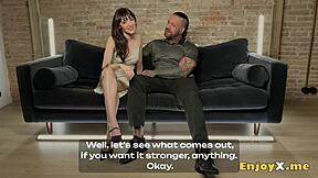 tatted brunette with shaved pussy slurps cum from boyfriend