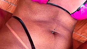 Bikini String Teases Teen Pussy Masturbation Oral Lick in Shaved Close-Up