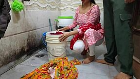 bhabhi gets roughly fucked while washing clothes in risky bathroom spot