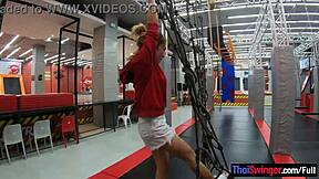 Thai milf girlfriend bounces on trampoline before home fuck