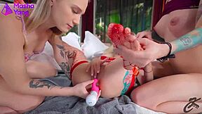 two skinny sluts ride huge dildos anally while squirting wildly