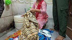 bhabhi gets roughly fucked while washing clothes in risky bathroom spot