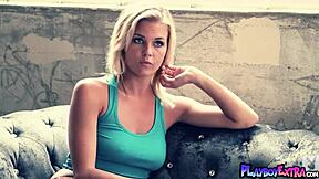 mischievous blonde hunter mccloud strips satin lingerie showing big natural tits shaved pussy