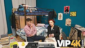 Vip4k. Young 18+ dorm granny mmf threesome tastes cock in stockings all holes