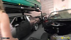 your huge tits bounce while mechanic fucks you hard roadside in garage