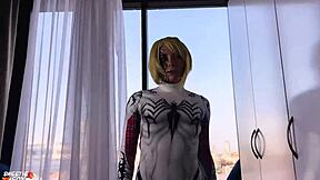 whoa, anti-venom cosplay babe deepthroats cum then rides cock in sensual missionary fucking