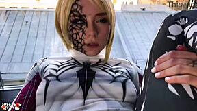 whoa, anti-venom cosplay babe deepthroats cum then rides cock in sensual missionary fucking