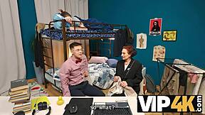 Vip4k. Young 18+ dorm granny mmf threesome tastes cock in stockings all holes