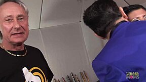 gorgeous brunette stripped naked fucked hard by two old men