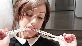 Brunette beauty fingers shaved pussy and ass intensely on bed close-up