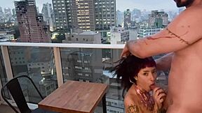 Skinny latina couple on balcony with crossdresser licks shaved pussy before big cock 1on1