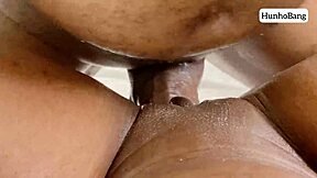 Big cock fills her sweet ebony tight pussy with hot creampie close up