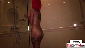 that petite pierced thai teen fang showers her small tits then rides my white cock pov style