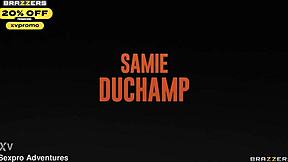 Hot flasher Samie Duchamp bent over gloryhole for big cock cum on tits riding fantasy