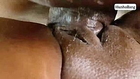 Big cock fills her sweet ebony tight pussy with hot creampie close up