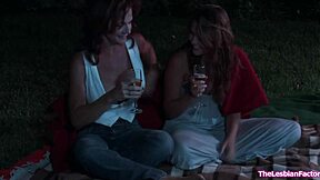 Busty Brunette Lesbian Licks Girlfriend Pussy Outdoors Orgasm