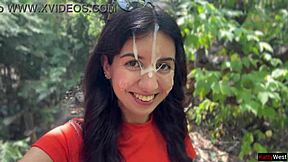 crazy couple sneaks public bush blowjob ends in wild cumwalk