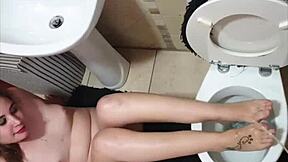 toilet foot piss play leads to hot sucking footjob on hard cock