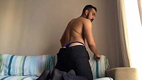 daniel shows off his monster cock bulging in purple thong solo handjob