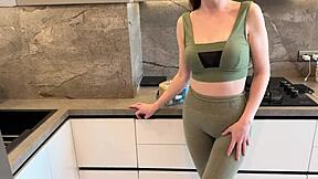 Cheating on wife with her petite russian best friend in kitchen creampie pov