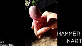 hey check this guy wanking his monster cock cumming in public forest