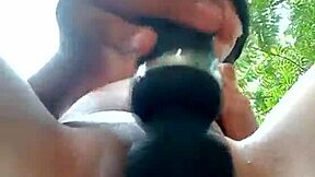 I'm so horny using this vibrator on my shaved virgin pussy outdoors