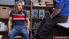 shoplifter babe sucks off cop's cock in office