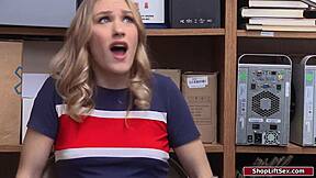 shoplifter babe sucks off cop's cock in office