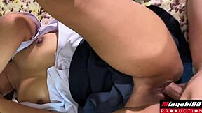 thai schoolgirl slut sucks monster cock then takes shaved creampie pounding