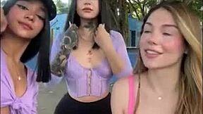 naughty latinas flash big tits outdoors then rip clothes for wet lesbian 3some 👙💦🌳