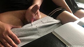 Schoolgirl Olivia Bay flashes tits and jerks teacher's monster cock