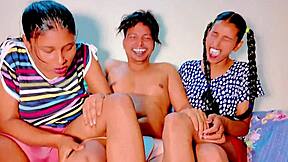Petite Bengali girlfriend Uttaran20 shares boyfriend in wet FFM threesome anal quickie