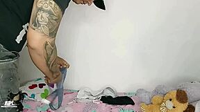 i catch him stroking his huge cock with my panties... we fuck hard