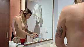 behind the scenes latina jazmine with muscular andres shower backstage barefoot lingerie tease