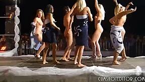 Blonde big tits amateurs rip clothes and party naked stripping on beach stage!
